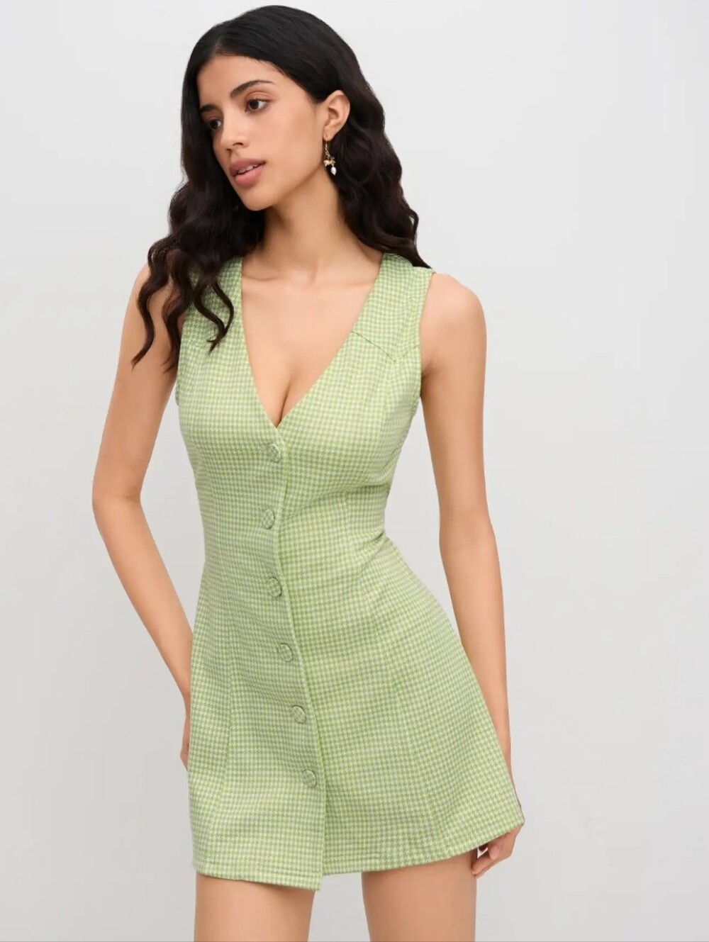 Cider Jacquard V-Neck Houndstooth Mini Dress